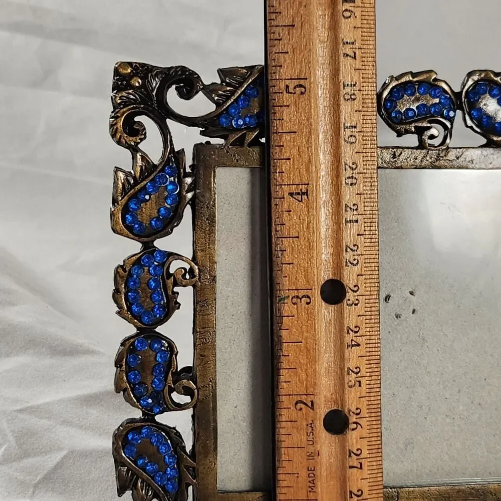 3 x 3 in Square Ornate Antique Bronze Tone Photo Frame Blue Rhinestones Crystals